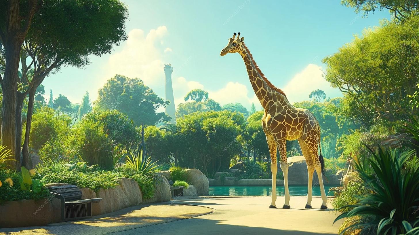 长颈鹿漫步于葱郁自然间