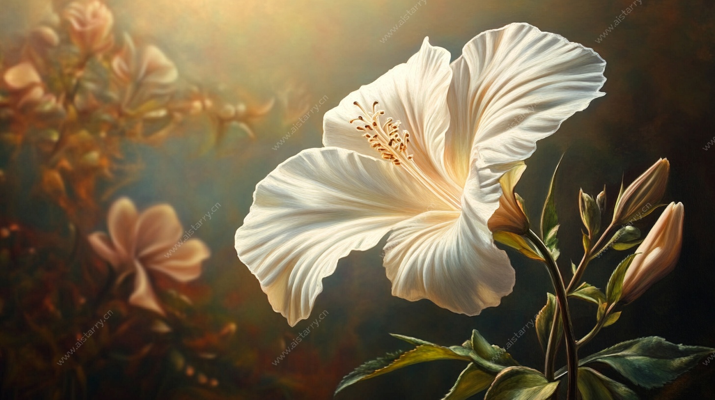 唯美白槿花油画花卉图