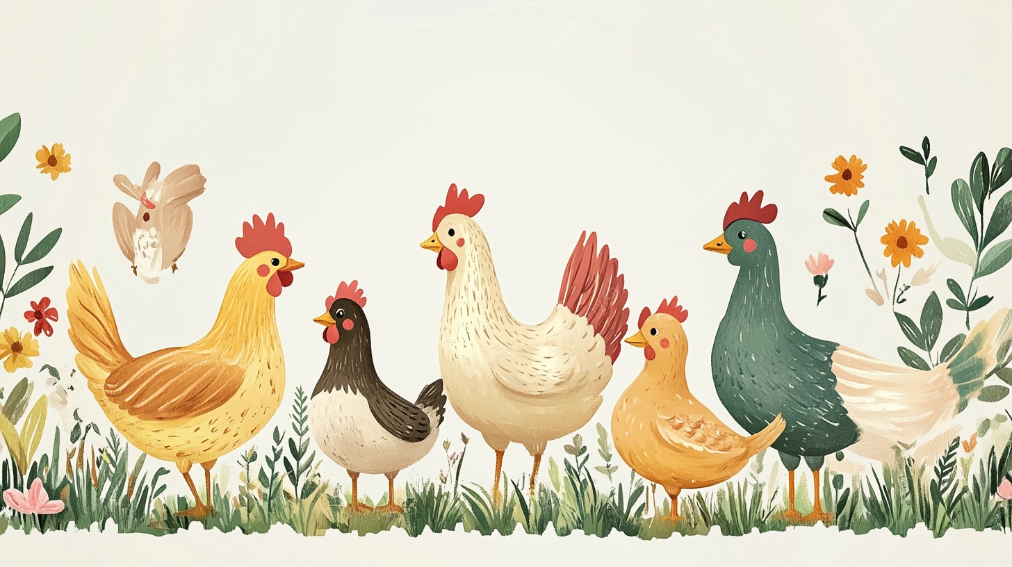 田园风可爱鸡群插画