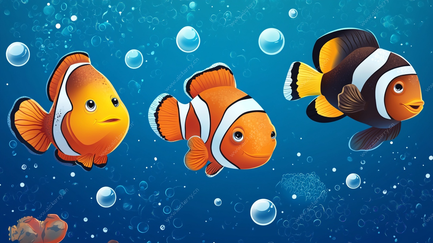 三条可爱小丑鱼在深海