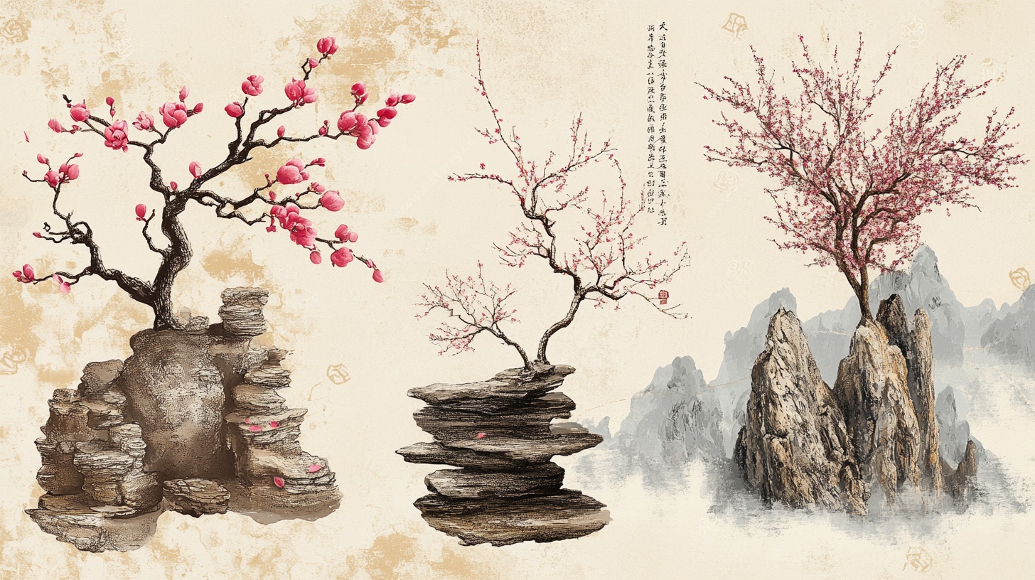 中式水墨风盆景插画