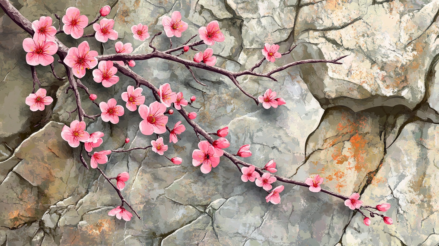 岩石上的粉色梅花枝