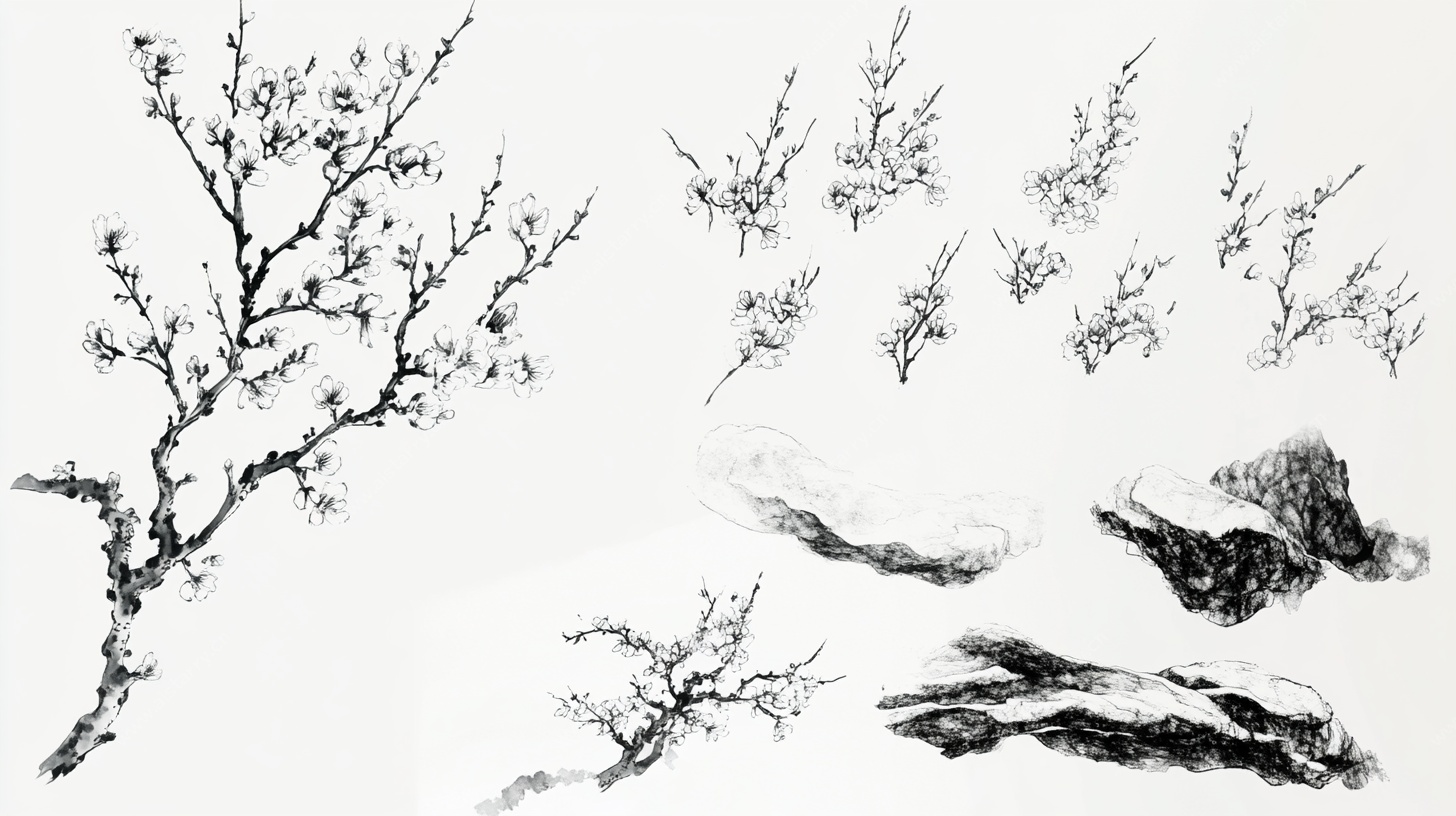 水墨梅花枝干绘画素材
