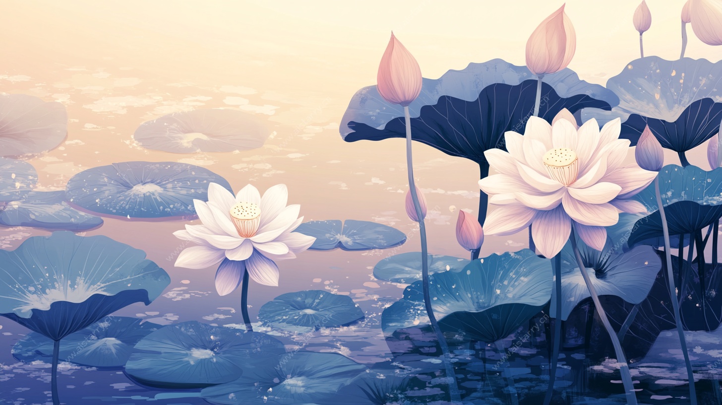 夏日荷塘唯美插画