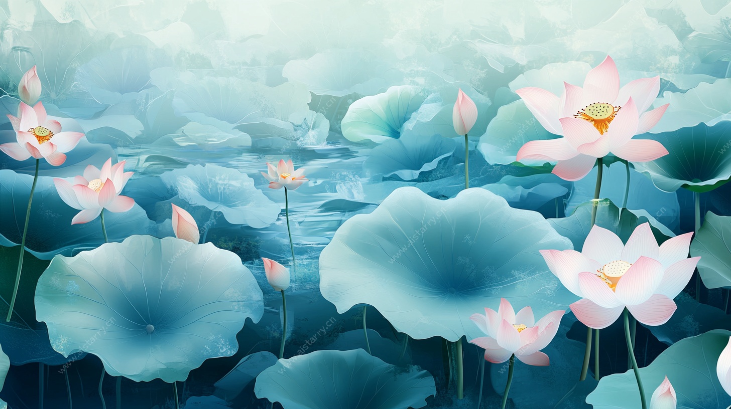 梦幻荷塘荷花插画