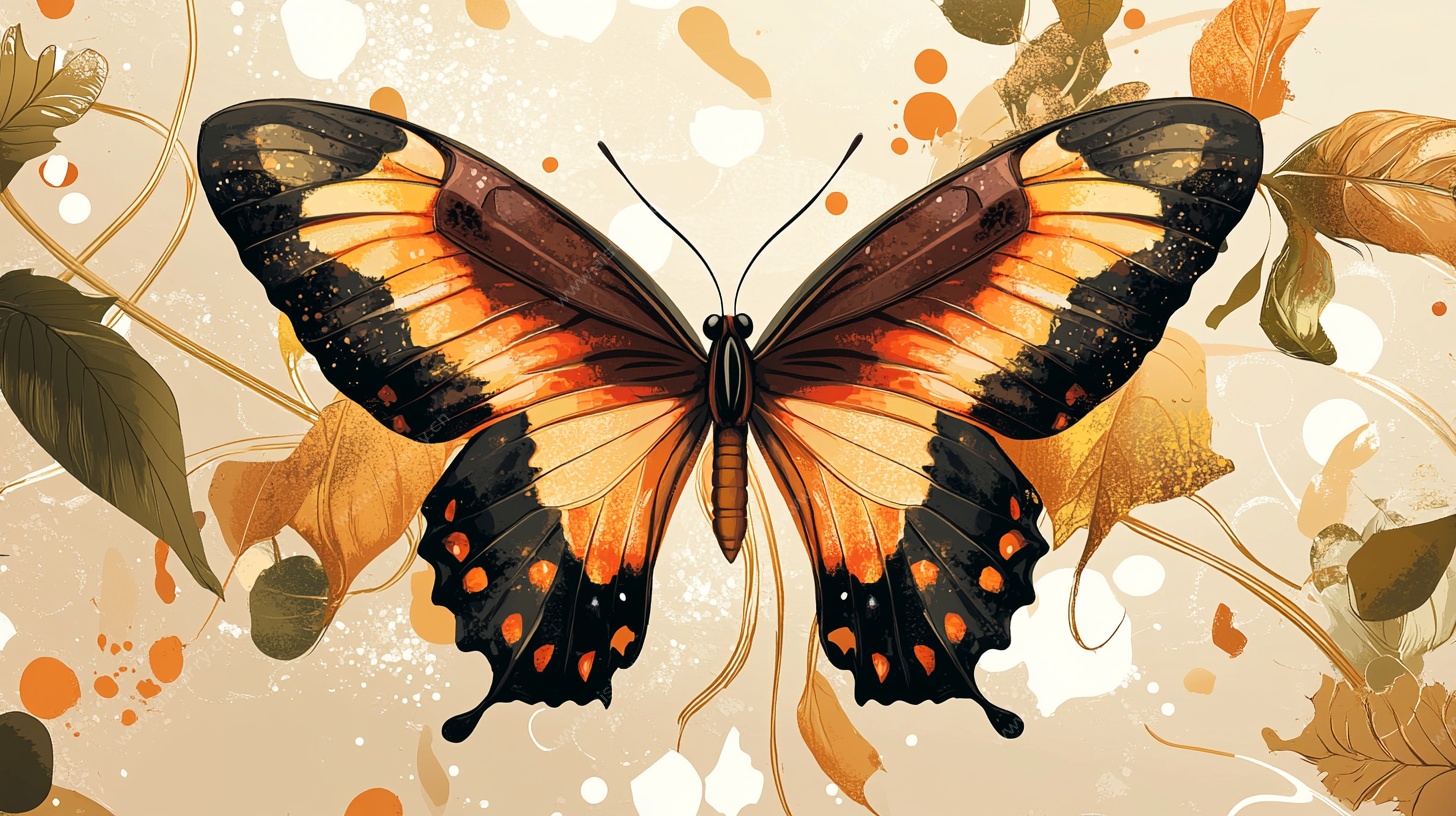 橙黑蝴蝶与秋叶插画