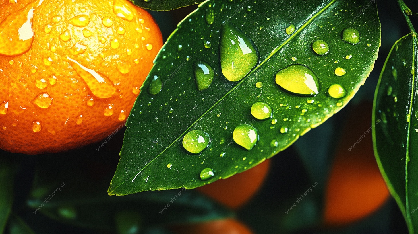 带水珠的新鲜柑橘叶果