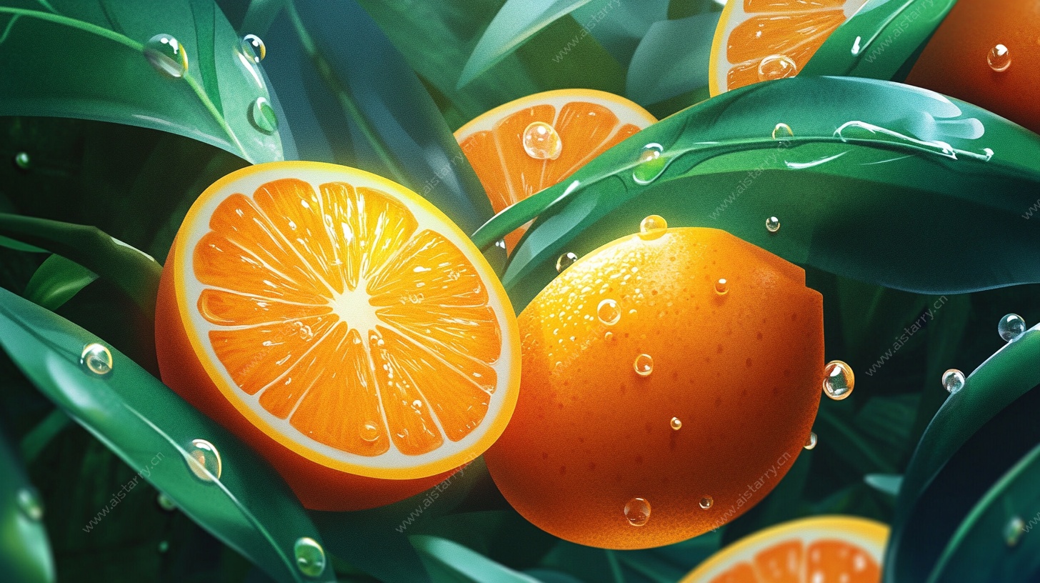 多汁橙子与绿叶的清新画面