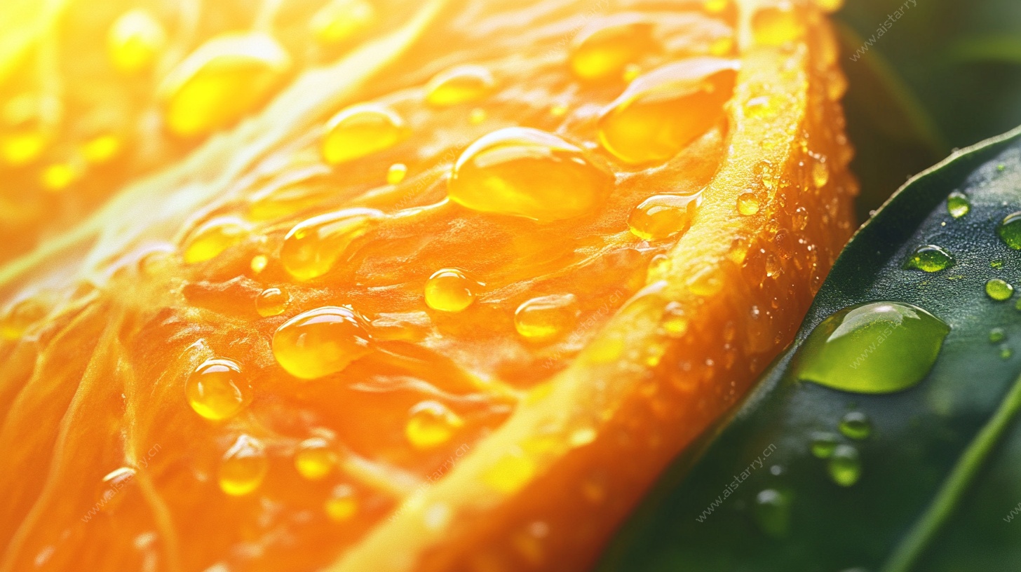 多汁橙子与晶莹水珠特写