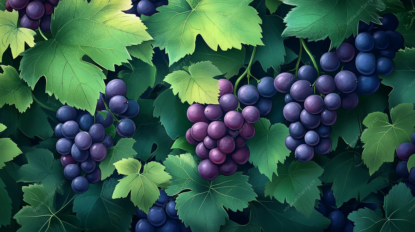 饱满紫葡萄与翠绿叶片