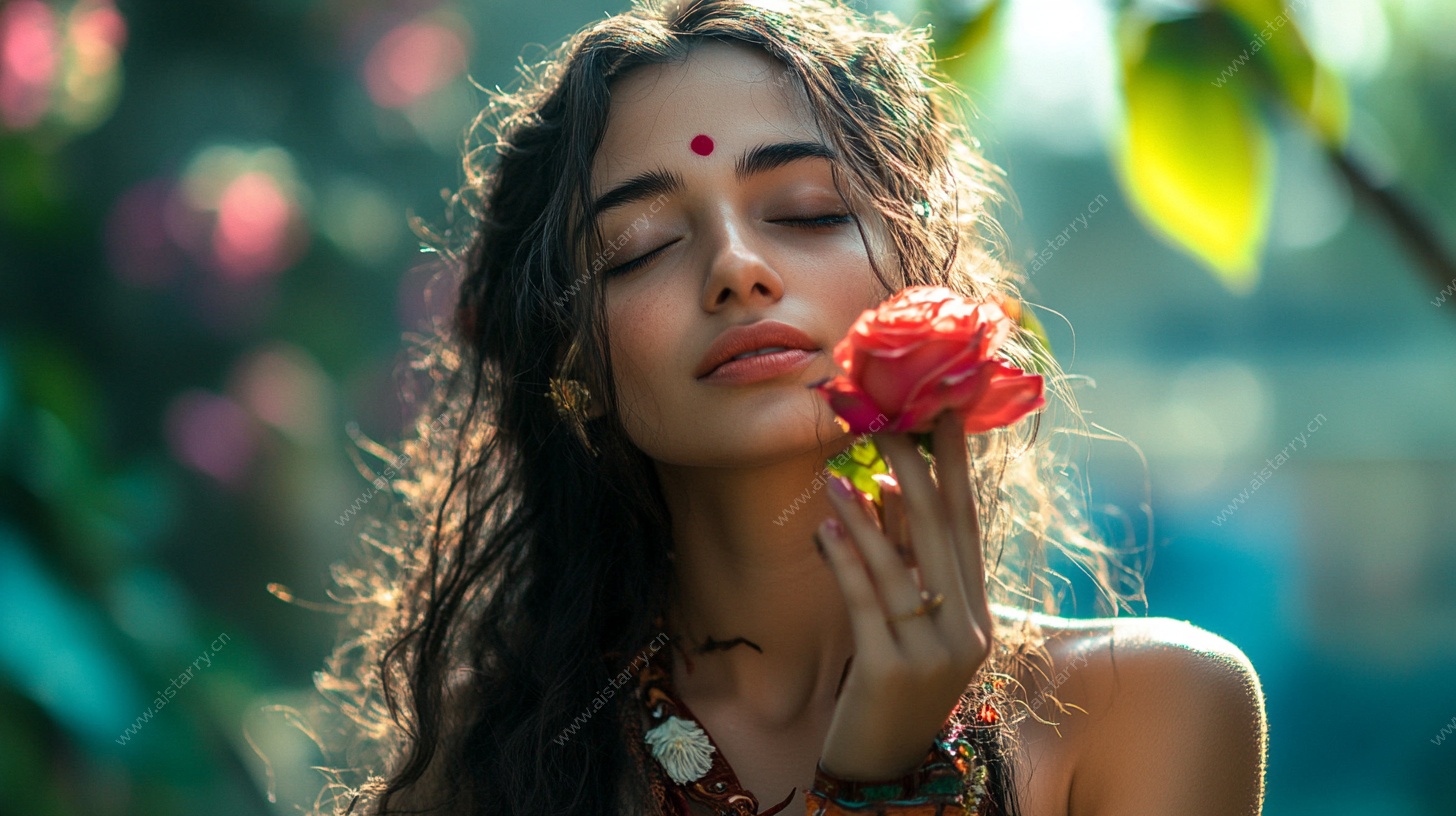 闭眼闻花的美丽女子