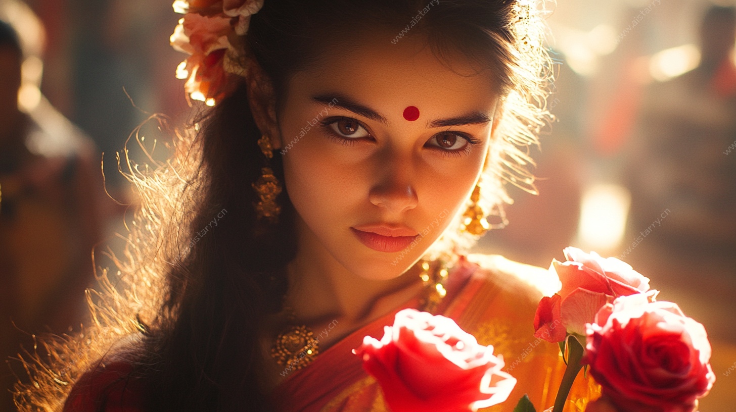 印度风情女子手持娇艳玫瑰