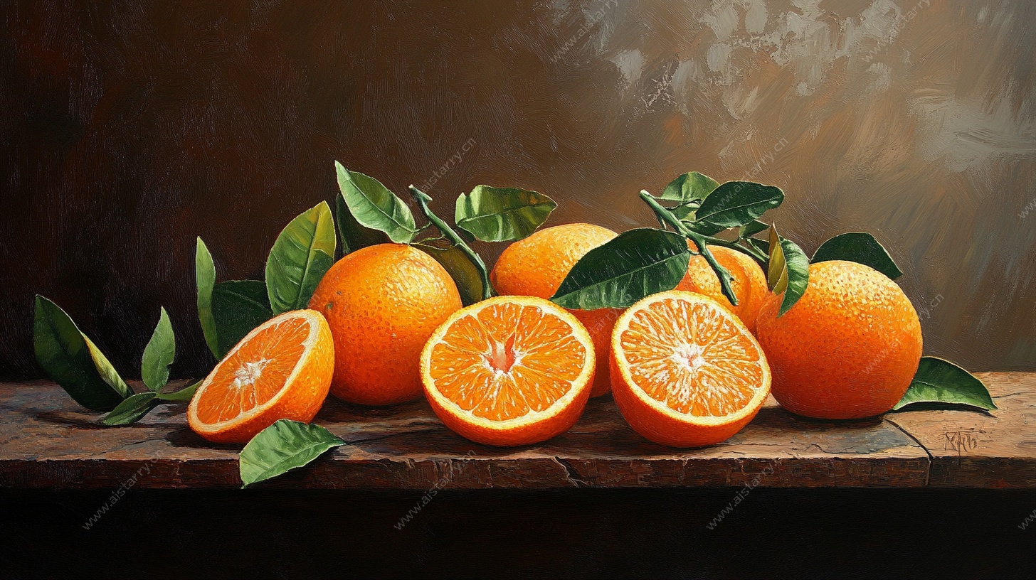 油画风新鲜橙子静物图