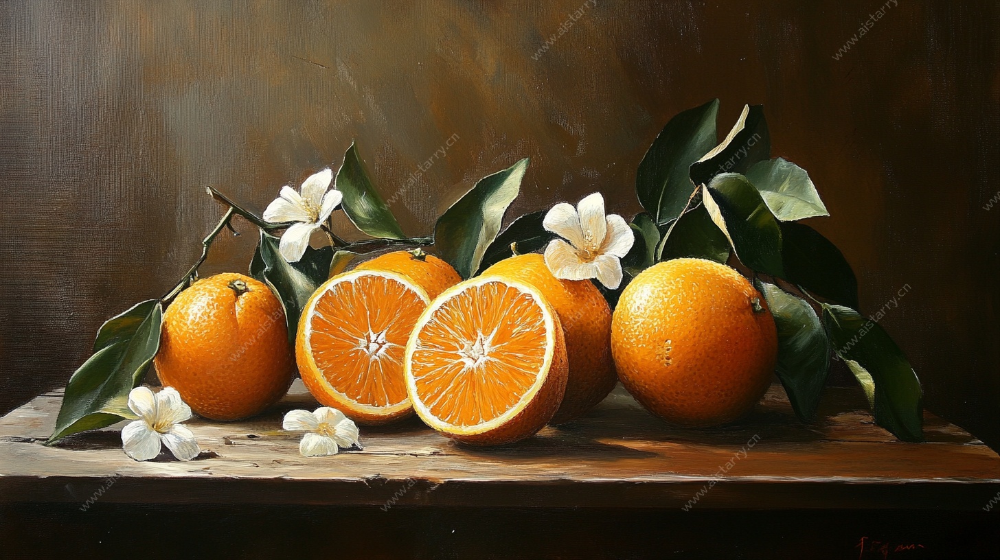 静物油画 橙子与白花