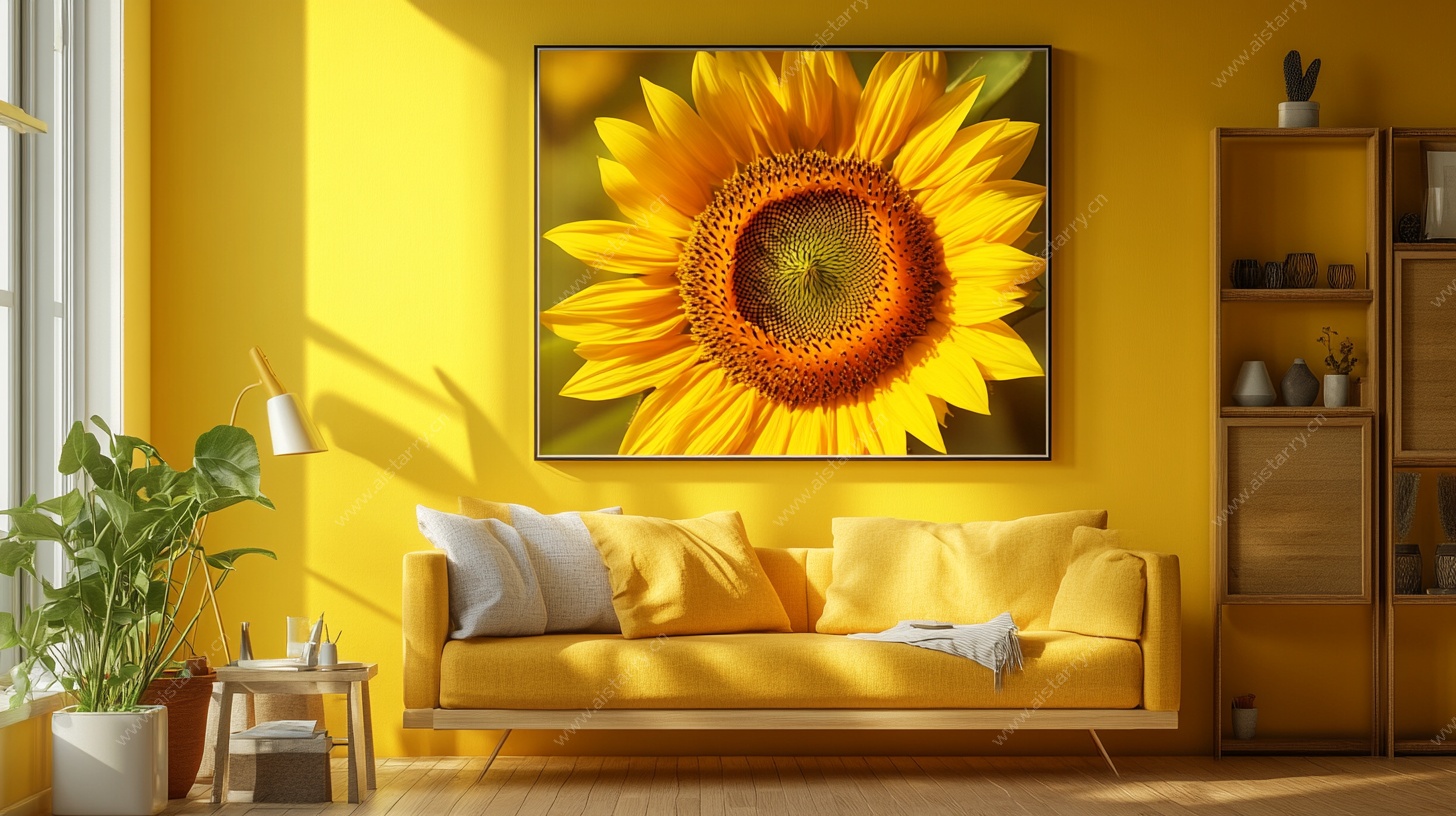 明亮黄调客厅的向日葵挂画