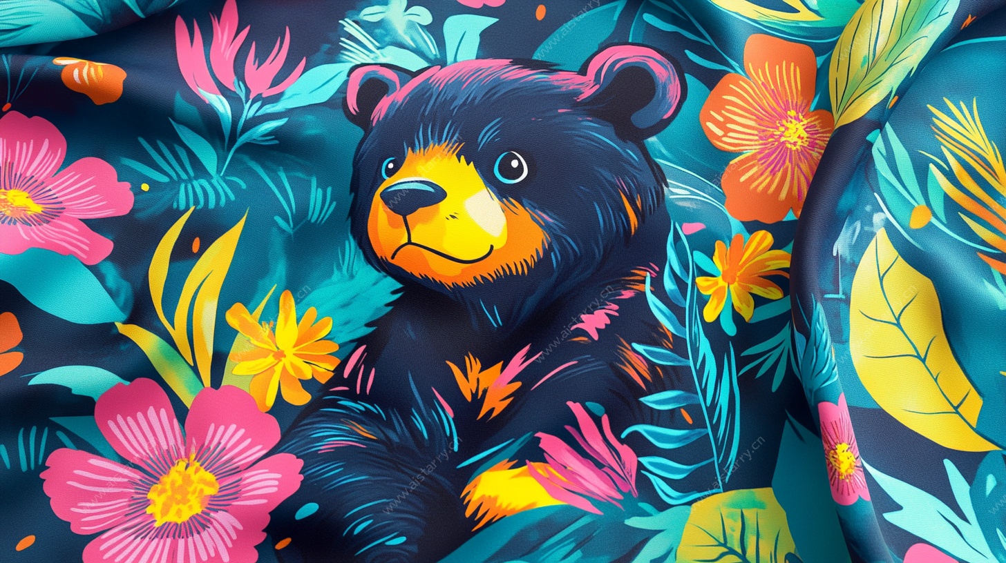 熊趣花卉图案布料