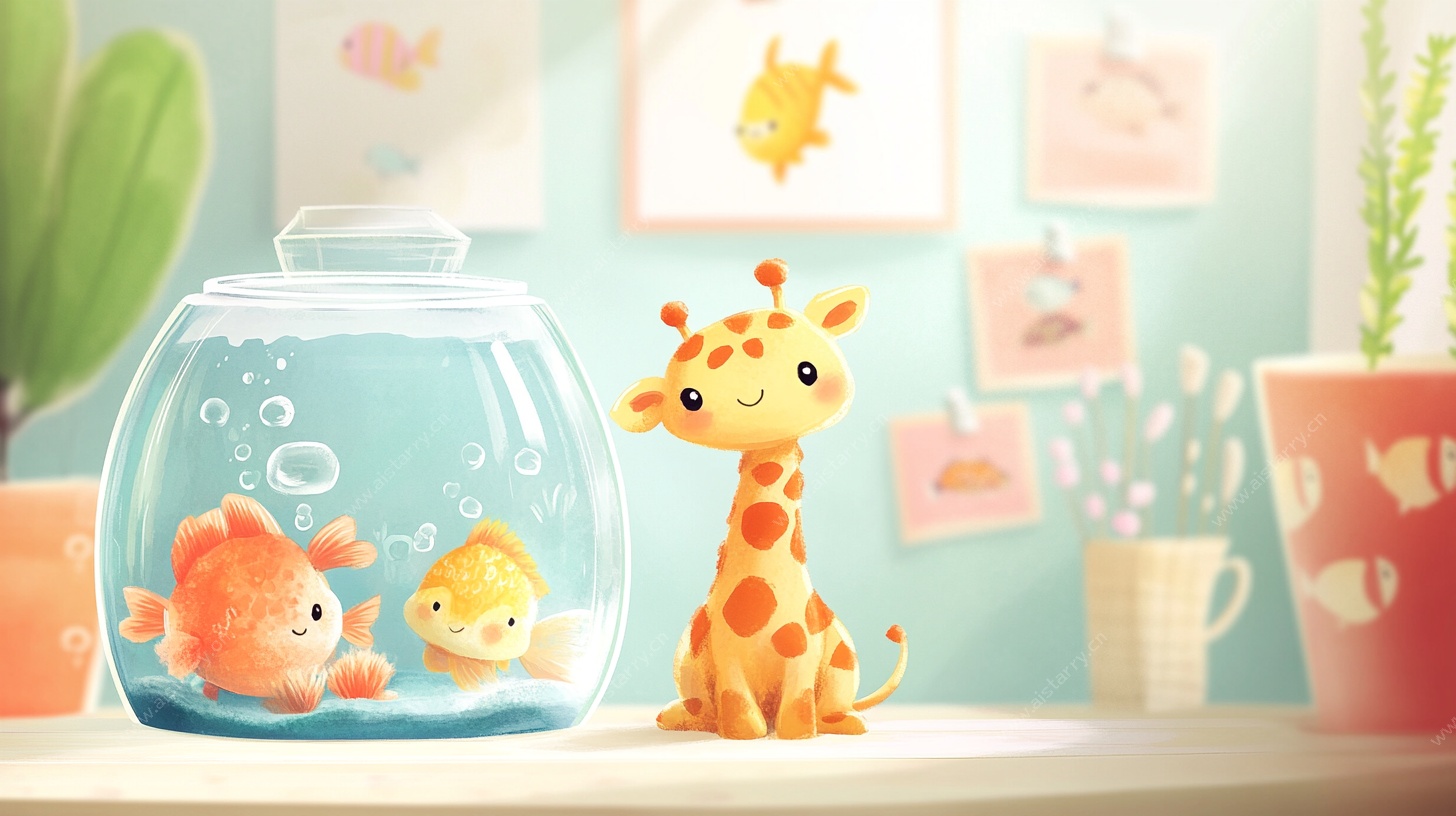 可爱长颈鹿与金鱼的温馨场景