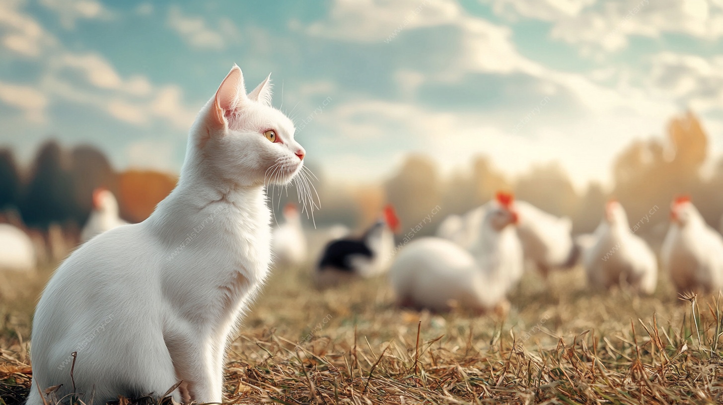 田园白猫咪与鸡群同框