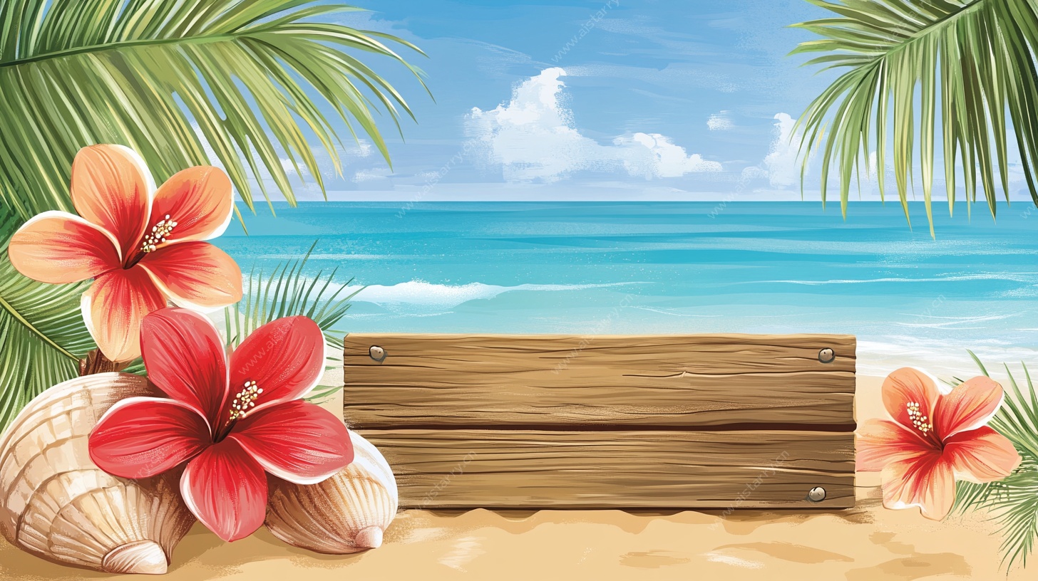 海滩木牌旁的热带花卉