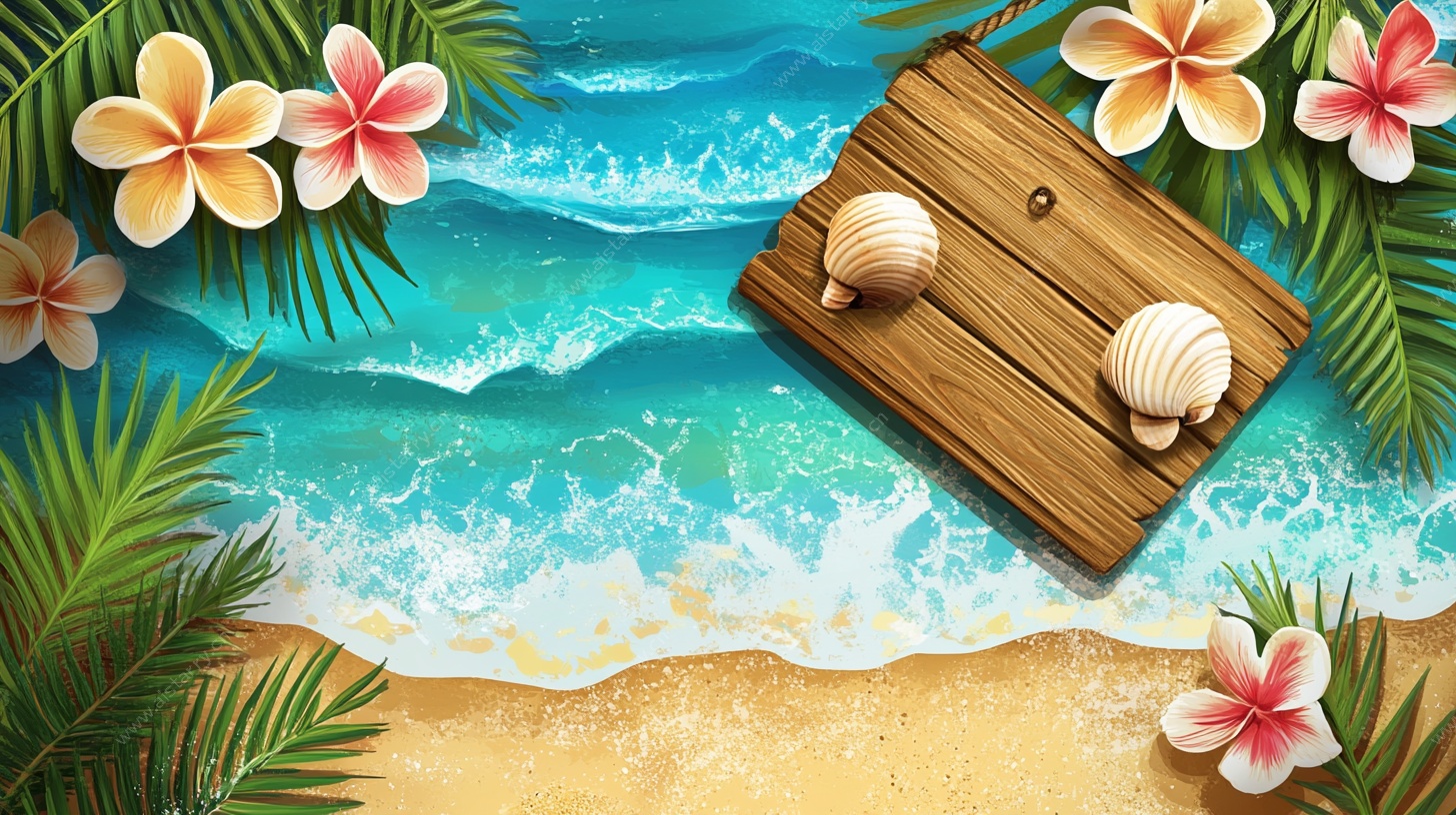 夏日海滩木板与贝壳美景