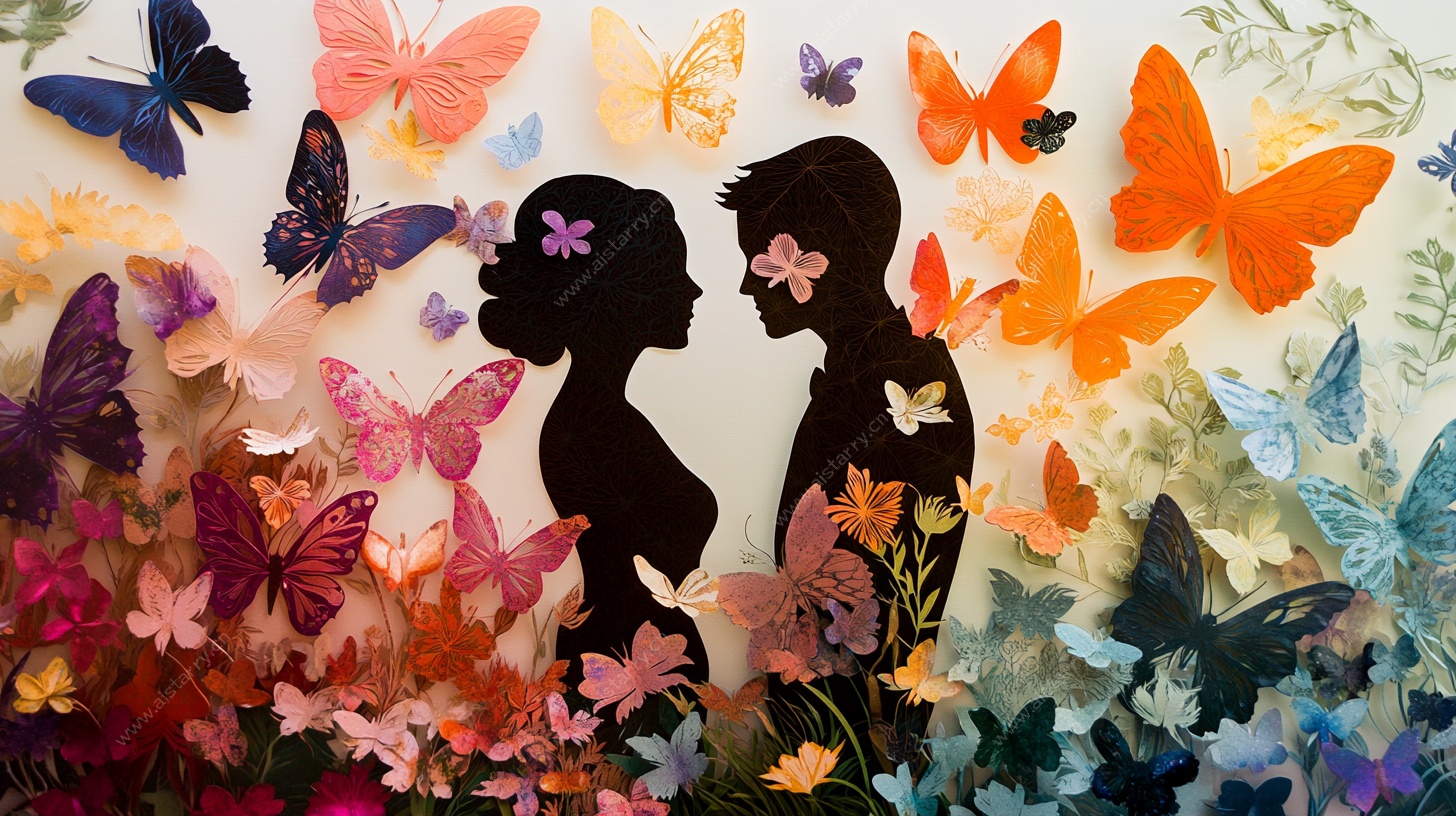 浪漫蝴蝶环绕的情侣剪影