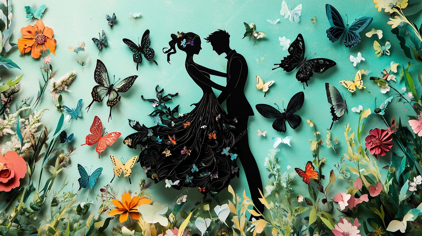 纸艺情侣与蝴蝶浪漫场景