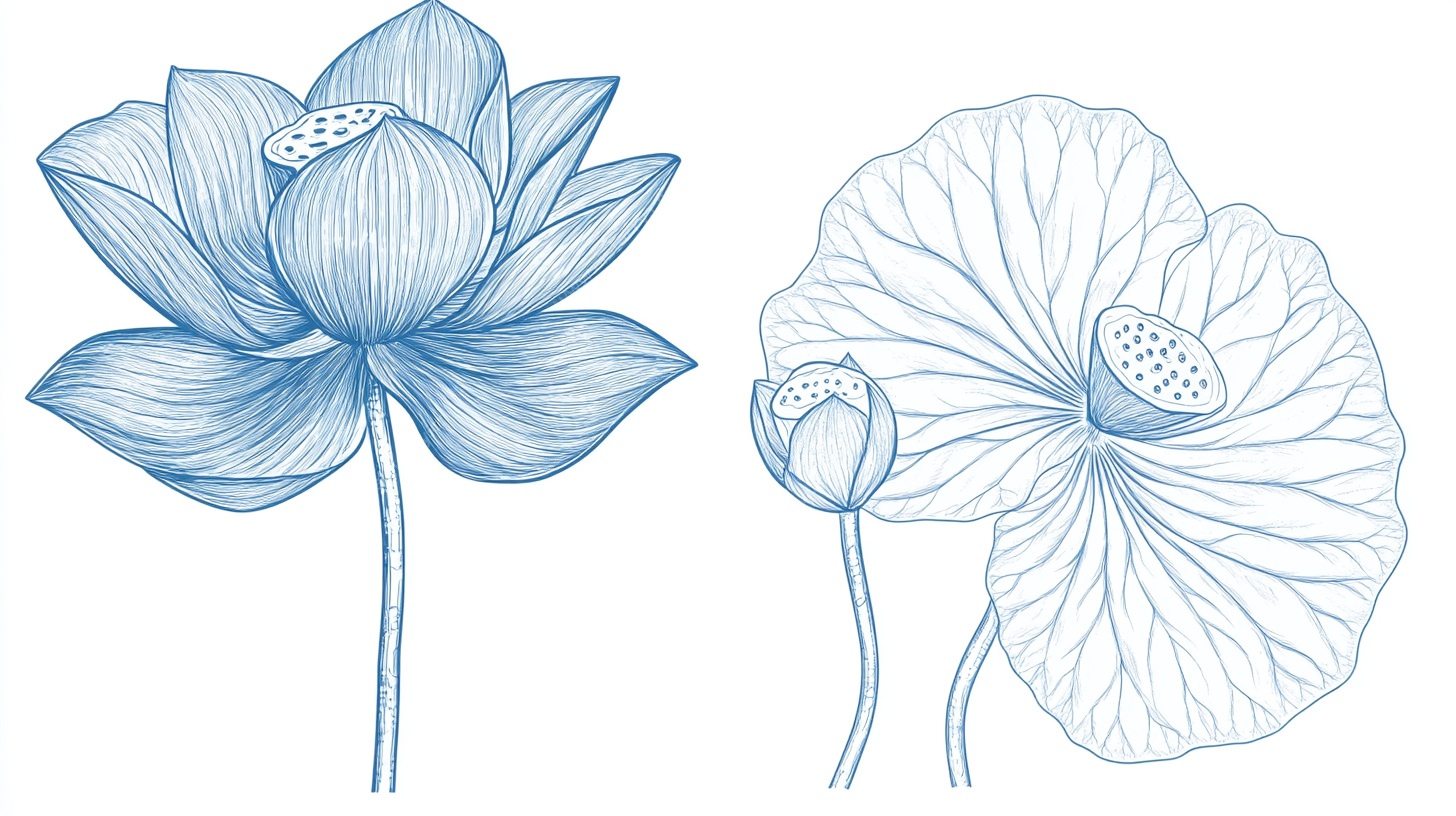 手绘蓝莲花与莲叶图案