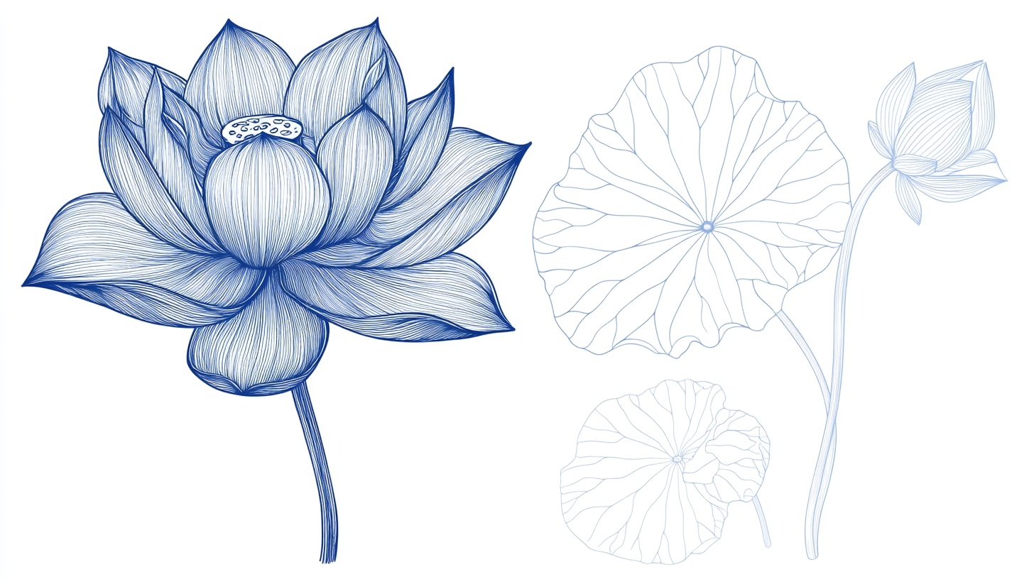 蓝线绘莲花荷叶图案