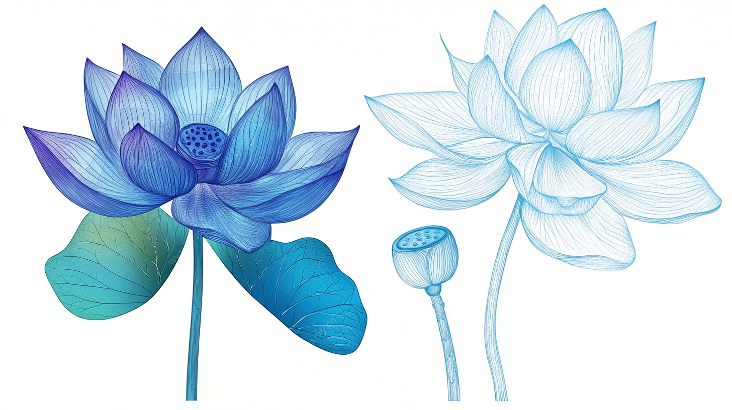 蓝色系手绘莲花插画