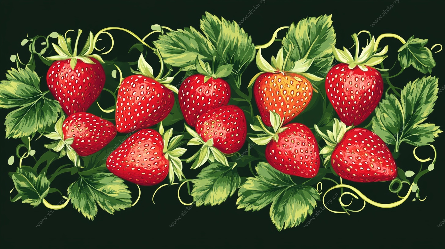手绘草莓与绿叶装饰图案
