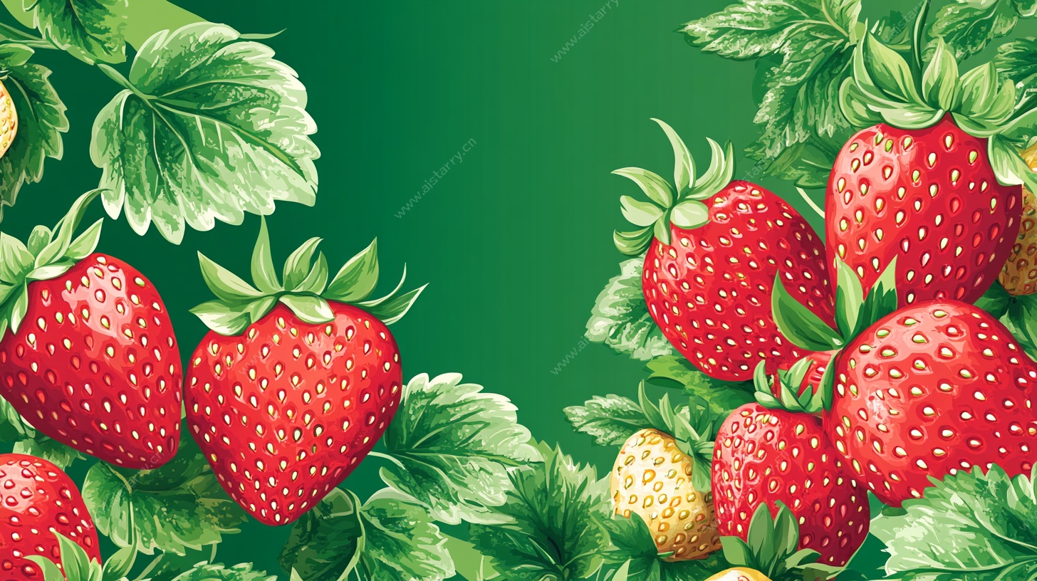 草莓绿叶插画 清新水果风