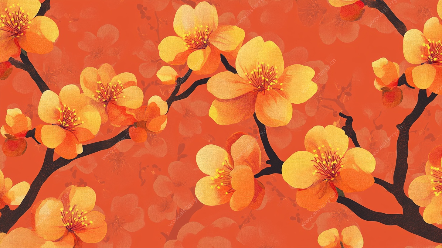 橙底绽放的艳丽桃花