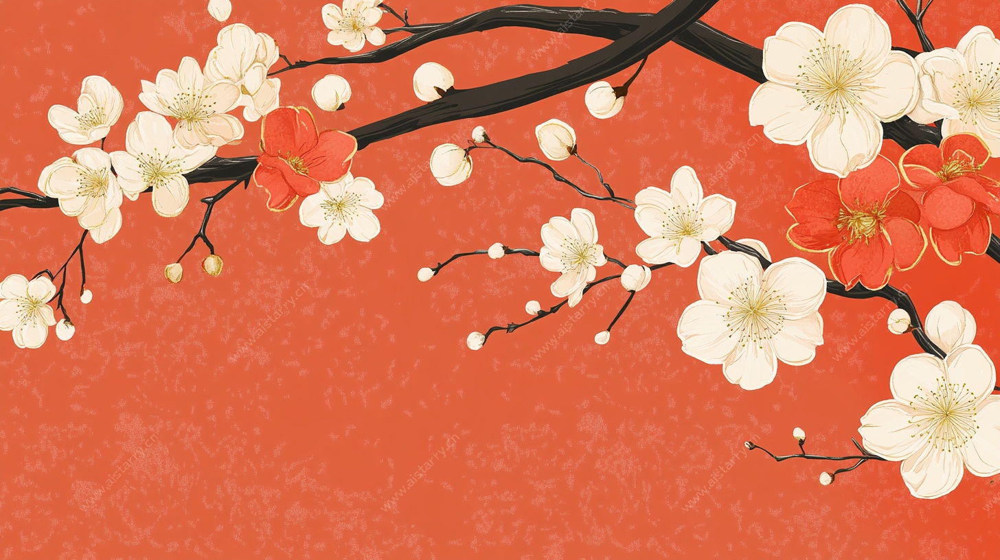 红梅白梅点缀红背景