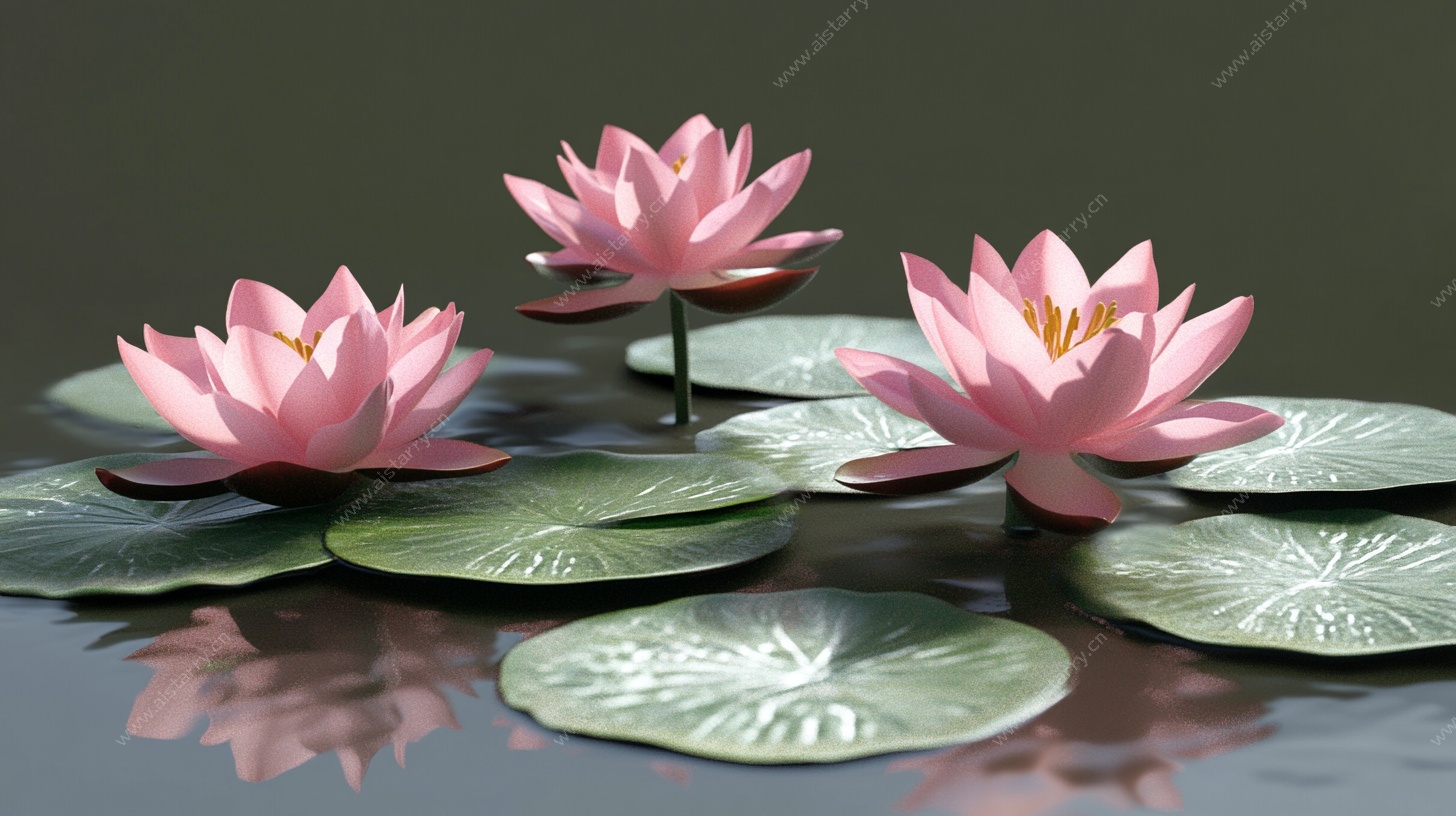 三朵粉色睡莲浮于水面