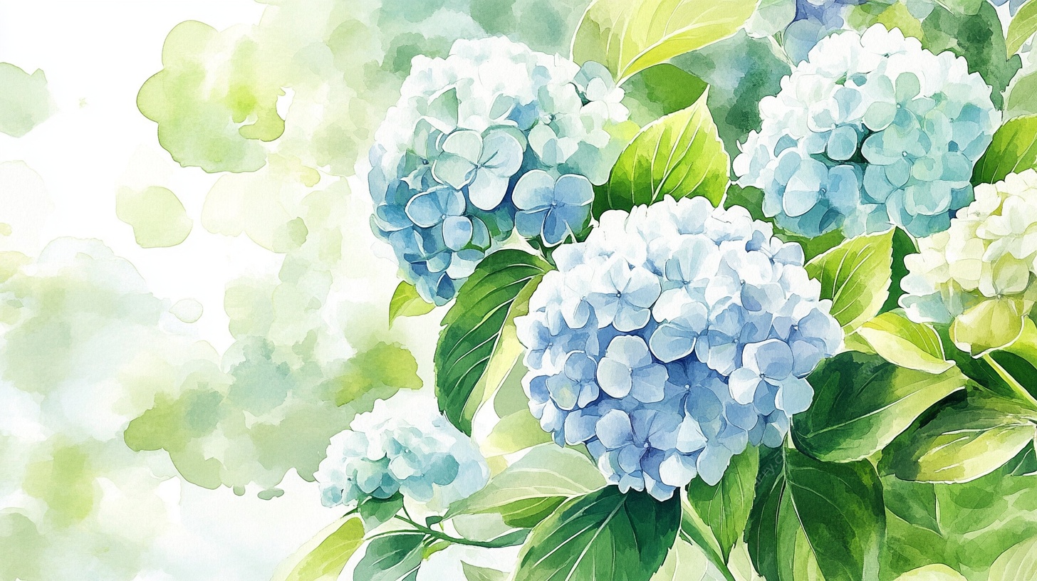 蓝色绣球花水彩画