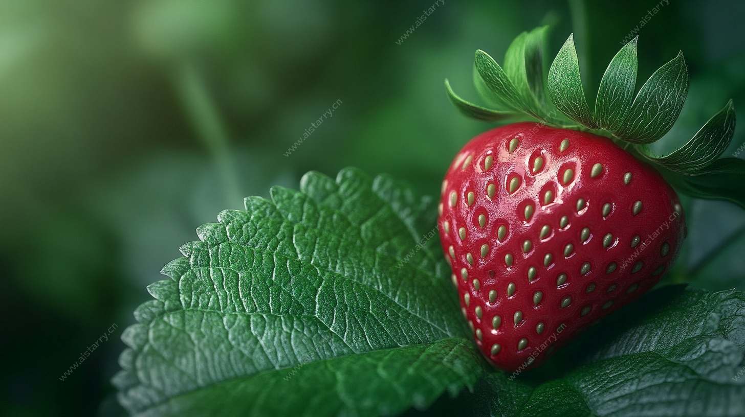 红嫩草莓配绿叶特写