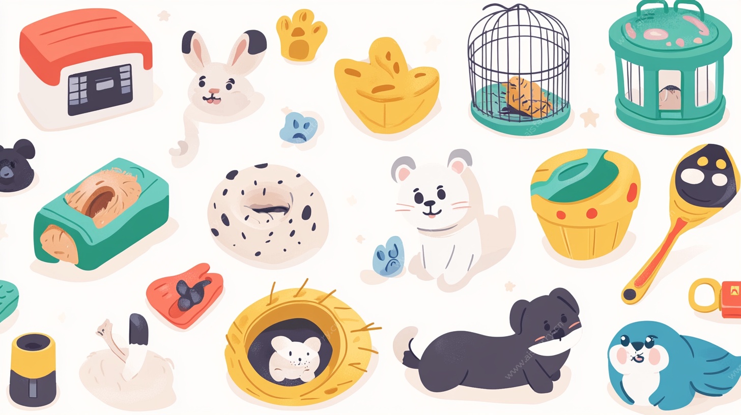 可爱宠物用品与小动物集合