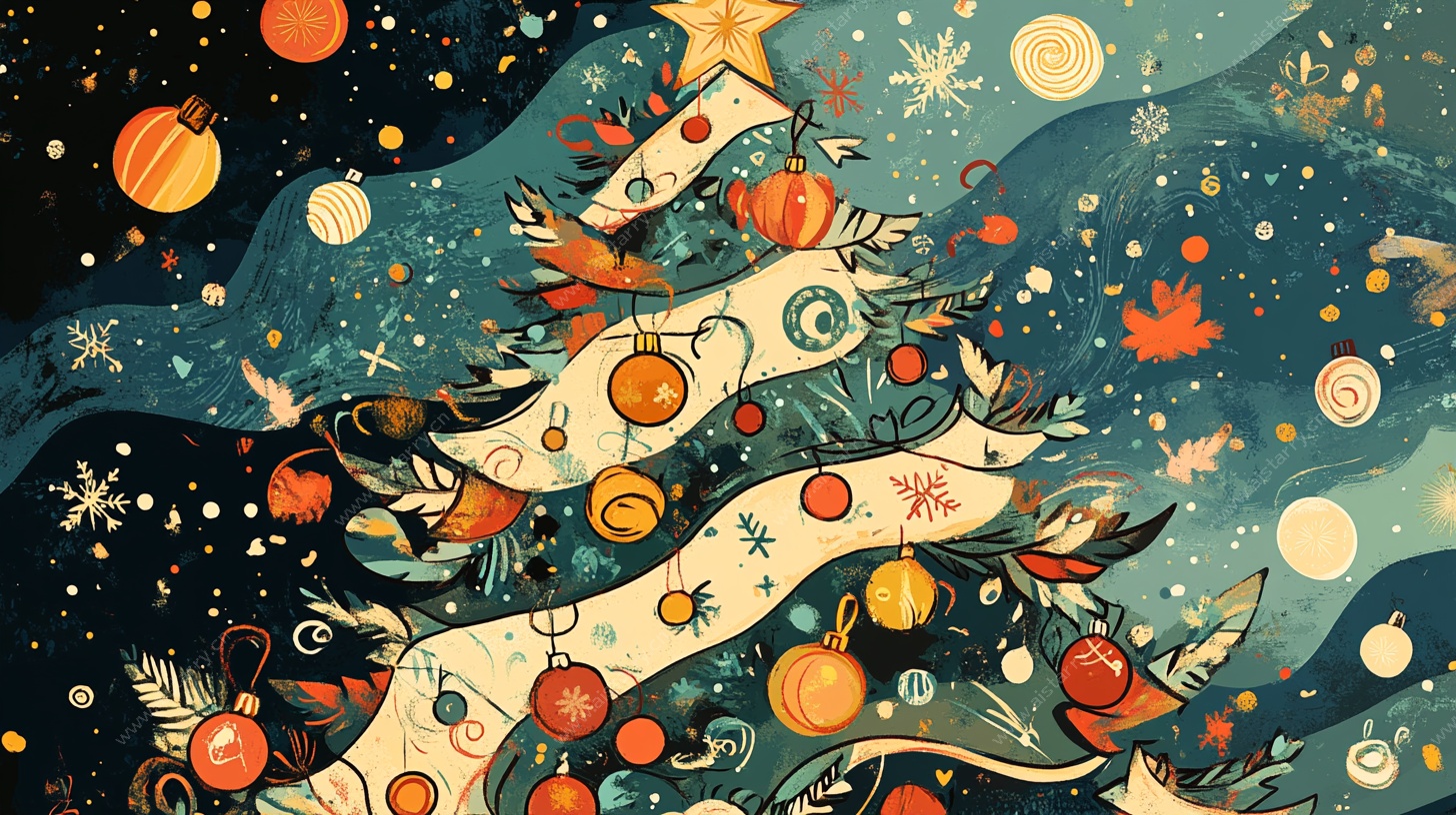 梦幻手绘风圣诞树插画
