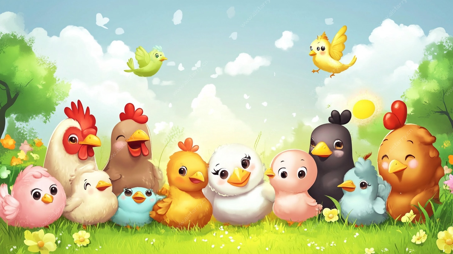 可爱小鸡在春日草地聚会