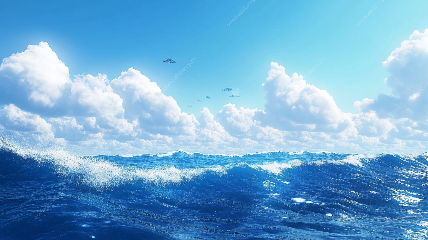 蔚蓝大海与白云飞鸟图景