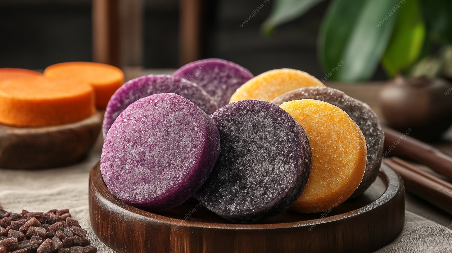 多彩薯饼摆于木盘