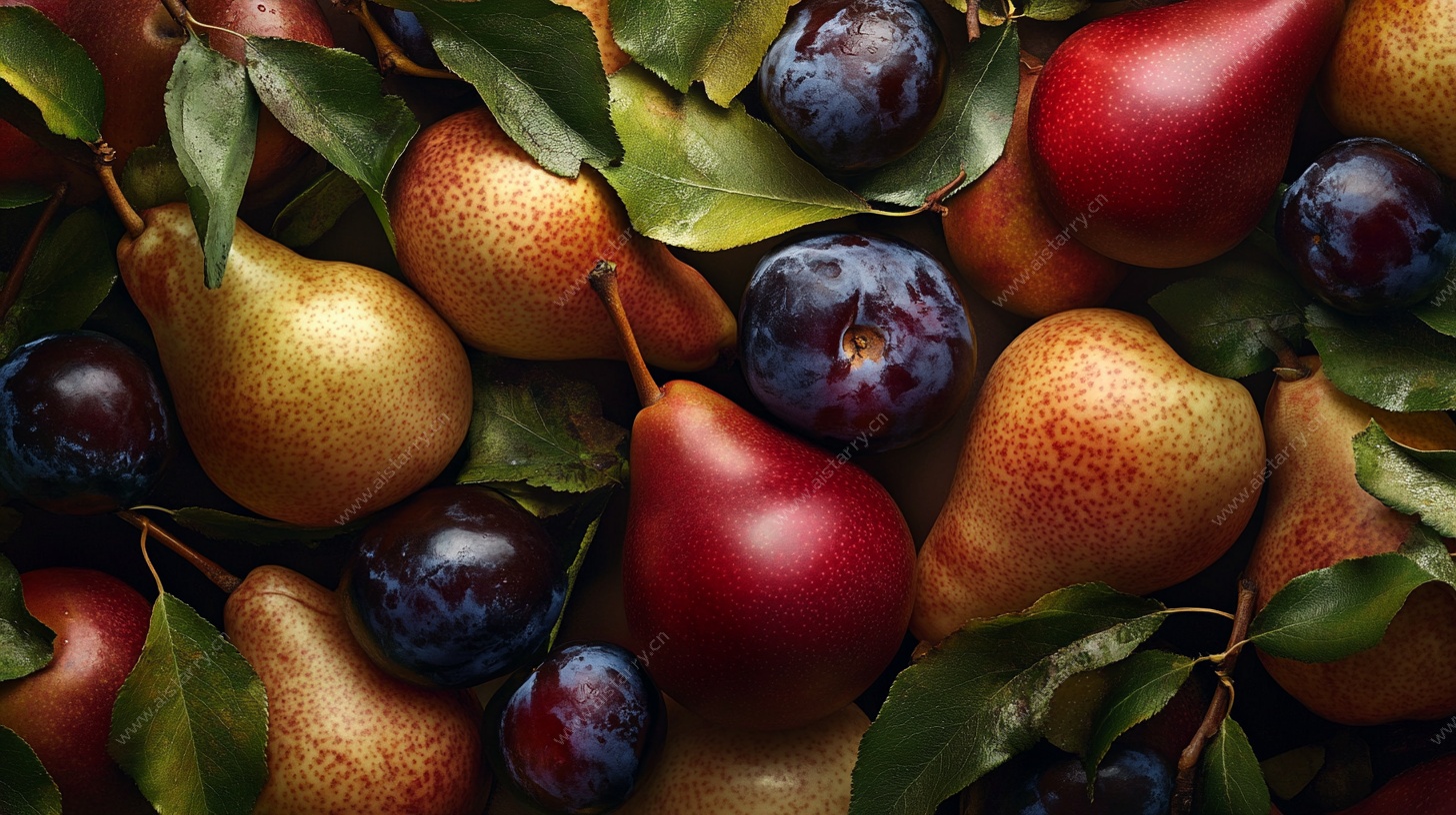 多彩梨子与李子的静物图