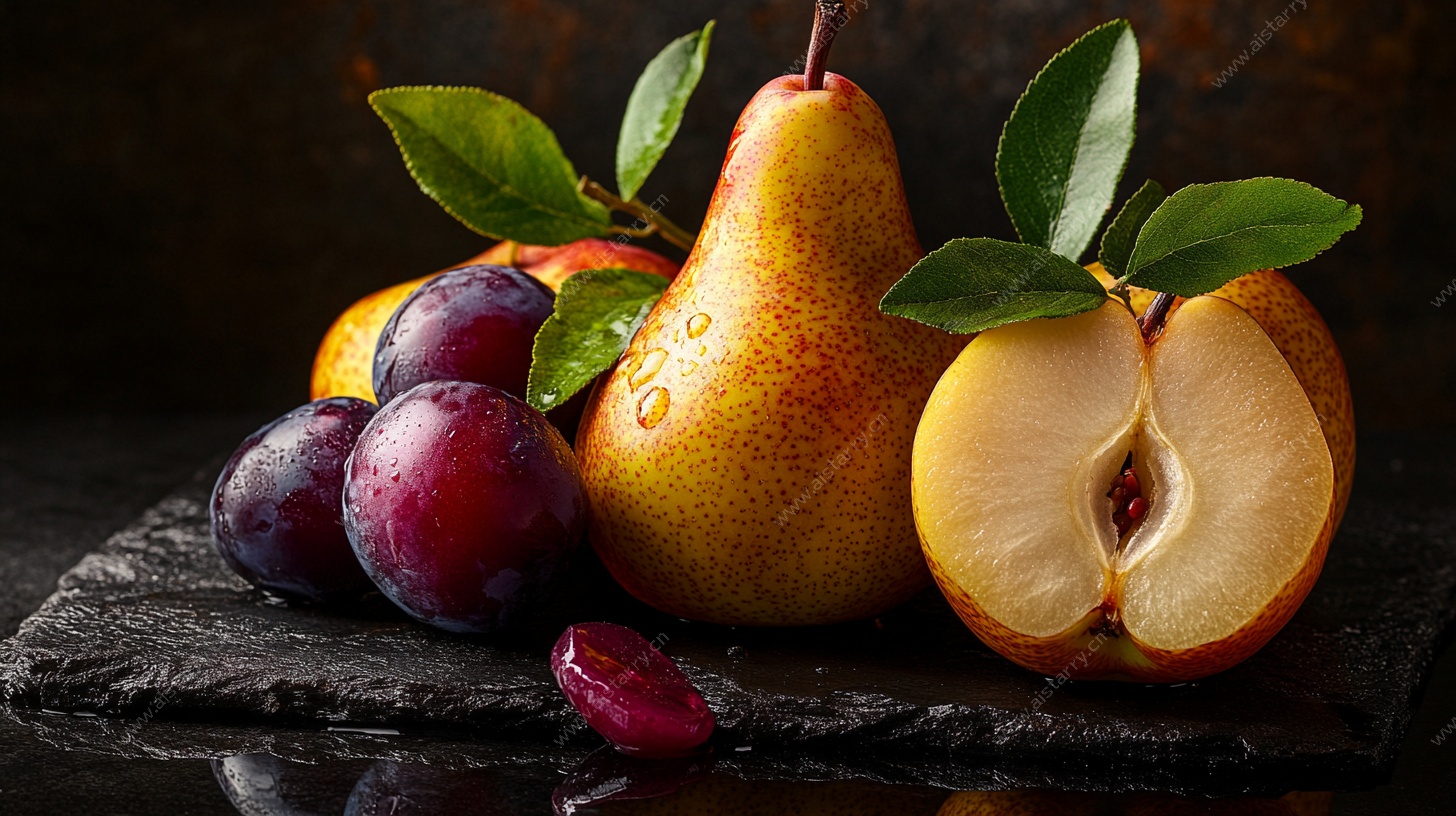 新鲜梨与李子静物摄影