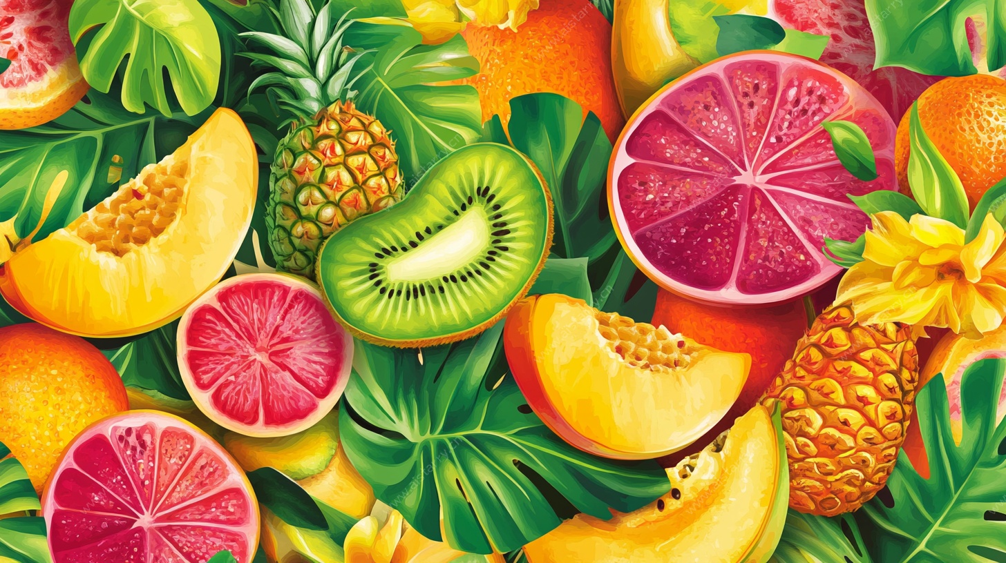 缤纷水果与绿叶插画