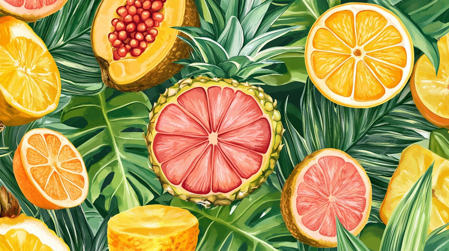 热带水果与绿叶插画图案