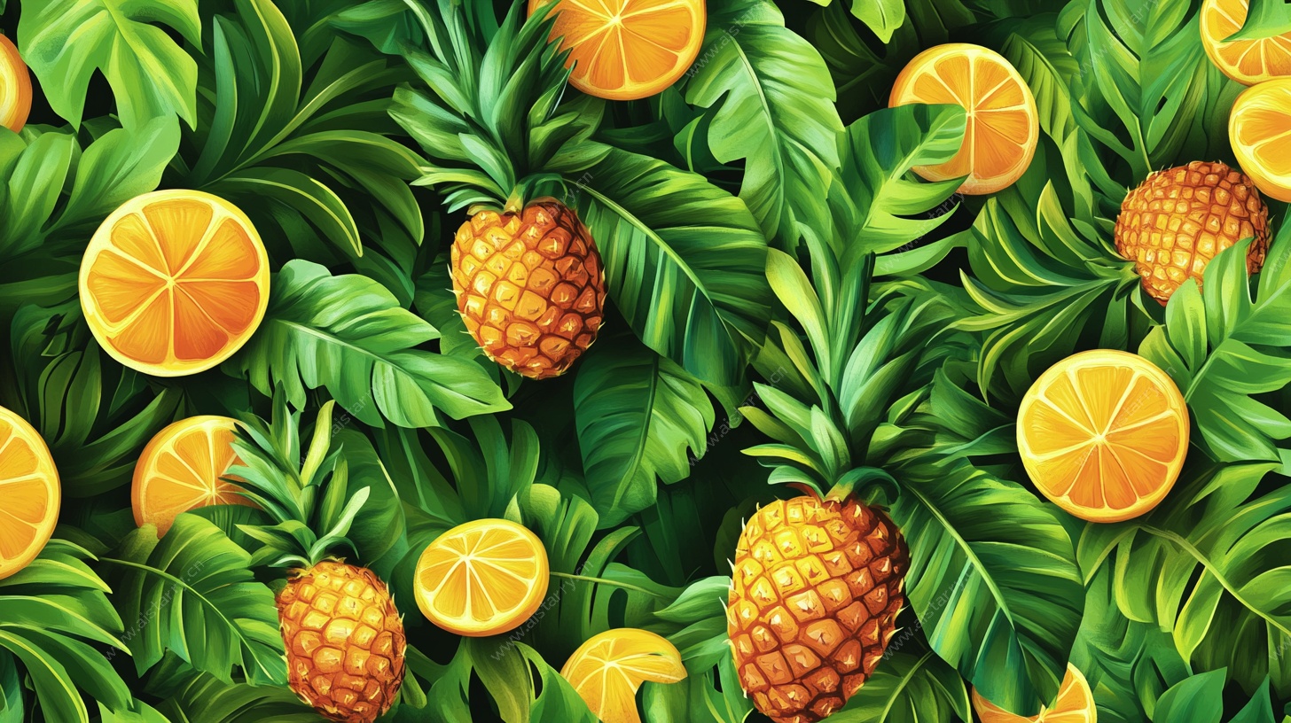 热带水果与绿叶插画背景