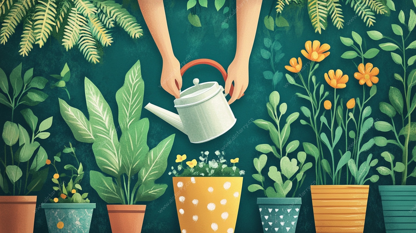 手绘绿植浇水场景插画