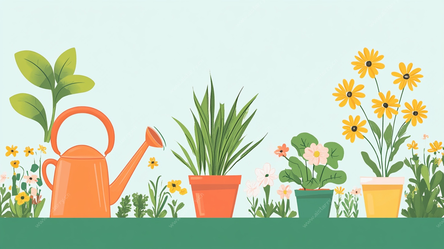 花园盆栽与浇水壶插画