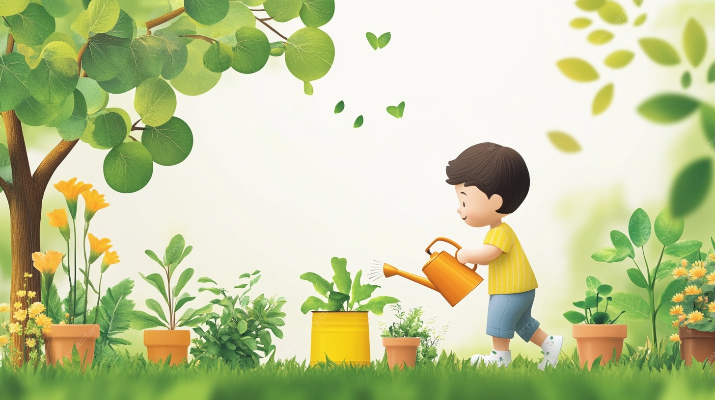 小男孩花园浇水场景图