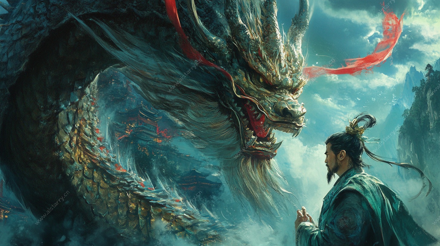 男子对峙巨龙奇幻场景